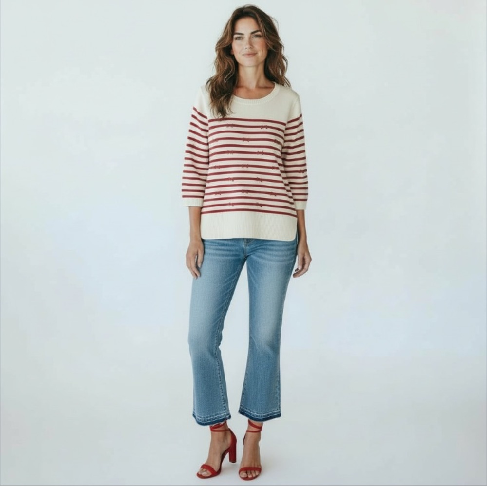 Talbots Red Cream Striped Crew Neck Sweater Coquette Nautical MP